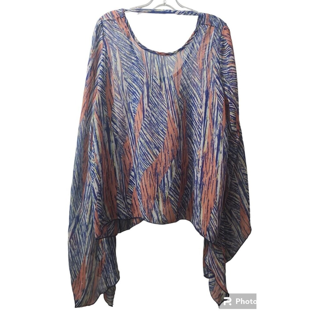 Sheer Kimono‎ Top Open Front Cover Up Flowy Blue Orange Pattern Size Free